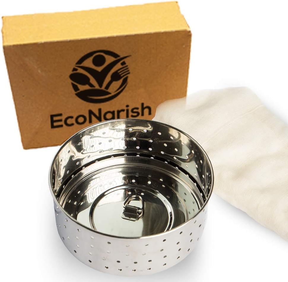 EcoNarish Premium Quality Eco Friendly Food Grade Stainless Steel Cheese Mold Tofu Press Paneer Maker with Grade 50 Unbleached Cheesecloth (Large)