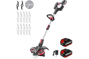 Korunria Cordless Weed Wacker with Blade, Electric Weed Wacker with Wheels, 3-IN-1 Brush Cutter & Edger & Lawn Mower with 4.0Ah Battery and Charger, 30+Mins & Brushless Motor,K&GO Force(Two Batteries)
