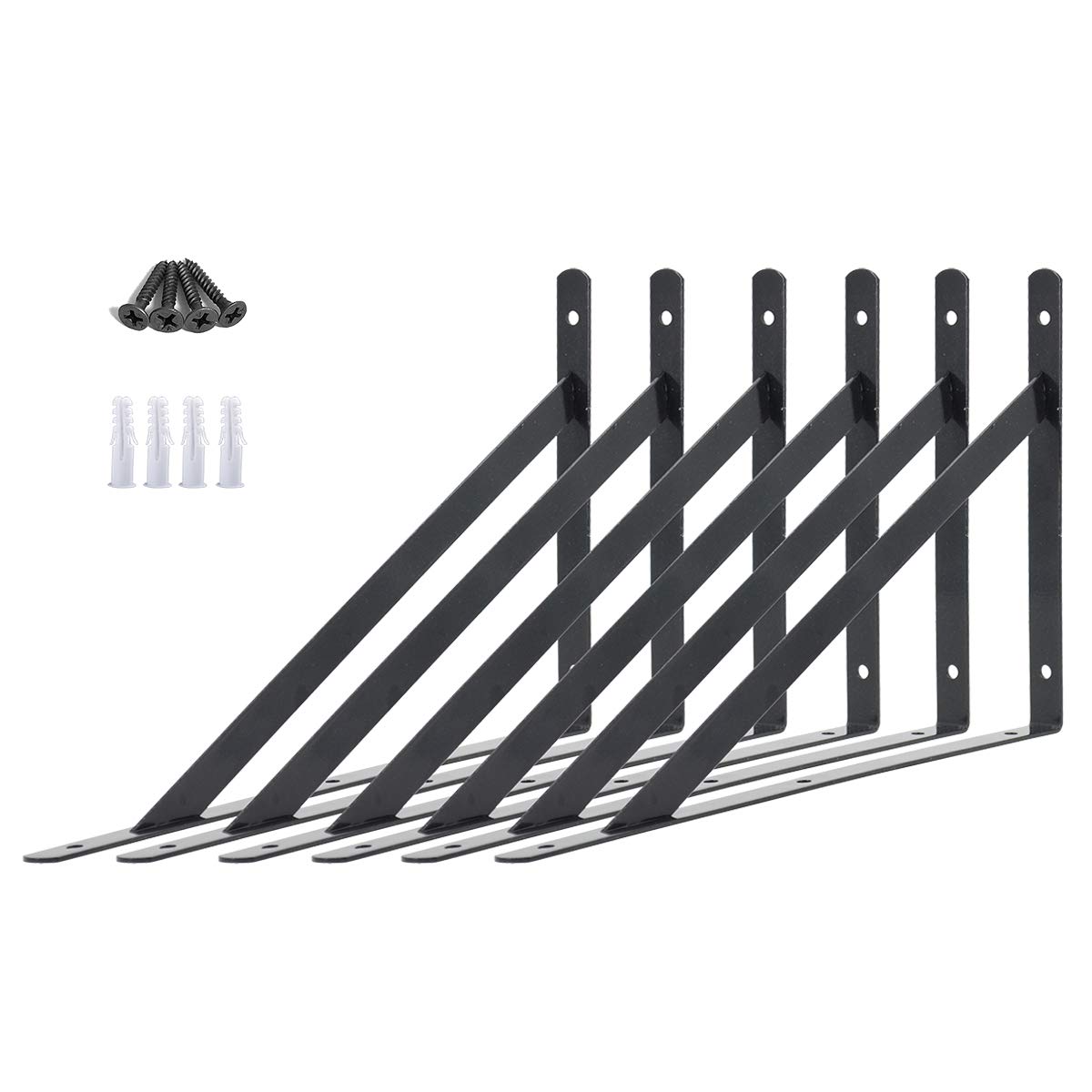 AddGrace Shelf Brackets Heavy Duty Triangle Shelving Brackets 300x190mm Wall Mounted Metal Right Angle Shelf Support Screws Include (300x190mm/12x7.4inch) Black 6 Pack — image 1