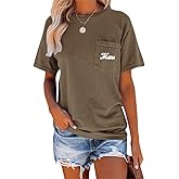 NIUBIA Women's Letter Print Basic Crew Neck Tee Summer Short Sleeve T-Shirt with Pockets Loose Fitting Tops