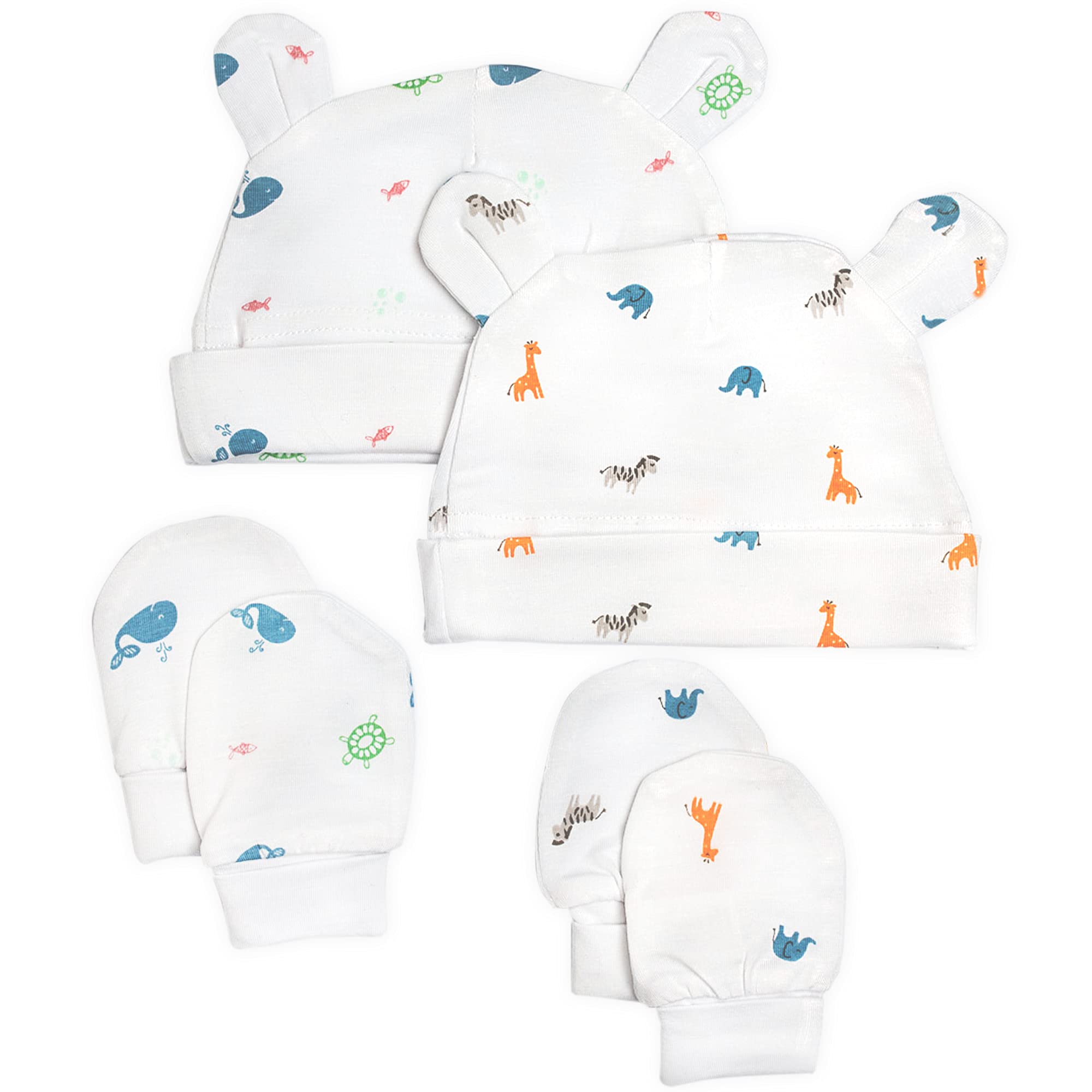 2 Hats and 2 Pairs of Bamboo Anti-Scratch Mittens in Gift Box - Baby Essentials for Newborn - Baby Hats and Baby Mittens 0-3 Months White