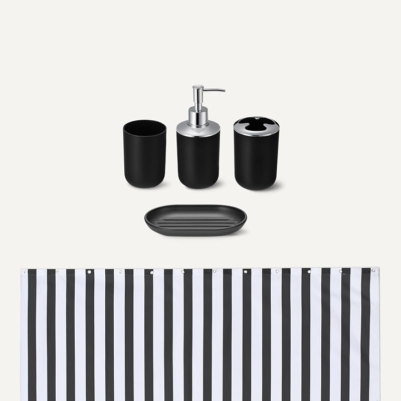 Conjunto de acessórios para a casa de banho: cortina de duche com ganchos, tapete de espuma viscoelástica, dispensador de sabonete, porta-sabonetes, suporte para escova de dentes e vidro, preto