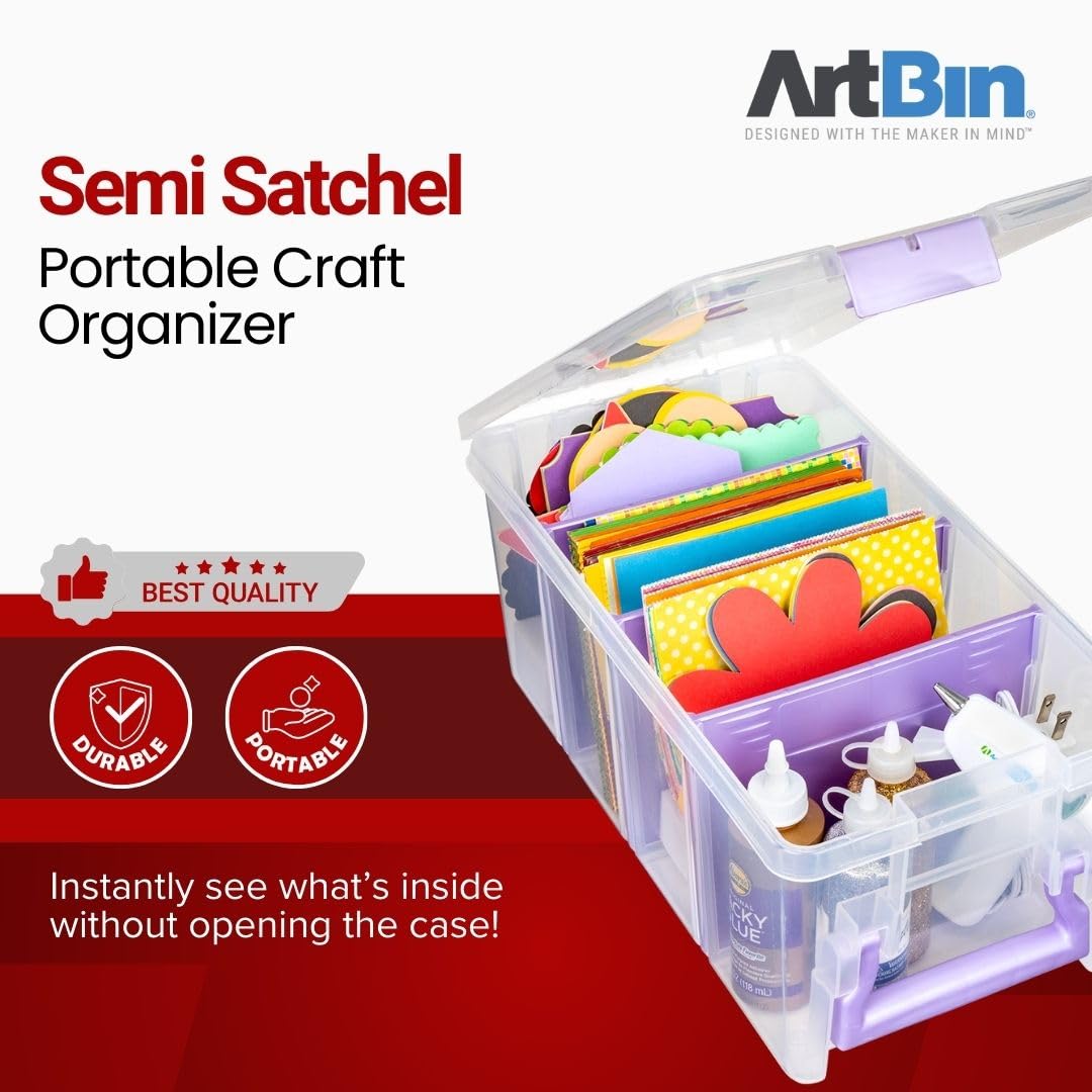 ArtBin Semi Satchel Portable Craft Organizer with 3 Dividers - Clear Plastic Storage Case for Art & Craft Supplies