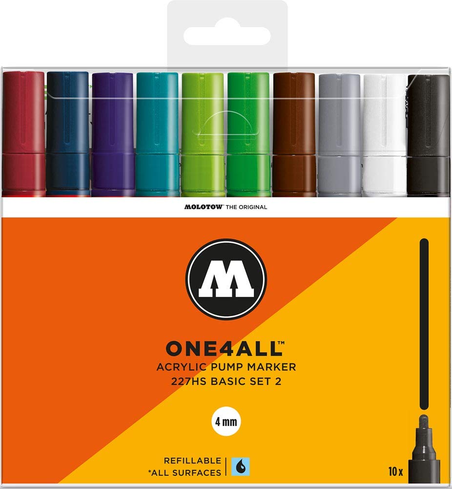 Molotow One4All 227HS Acrylic Pens, High Opacity and Permanent, UV-Resistant for Almost All Surfaces Case Basic Set 2 Pack of 10 Multicoloured