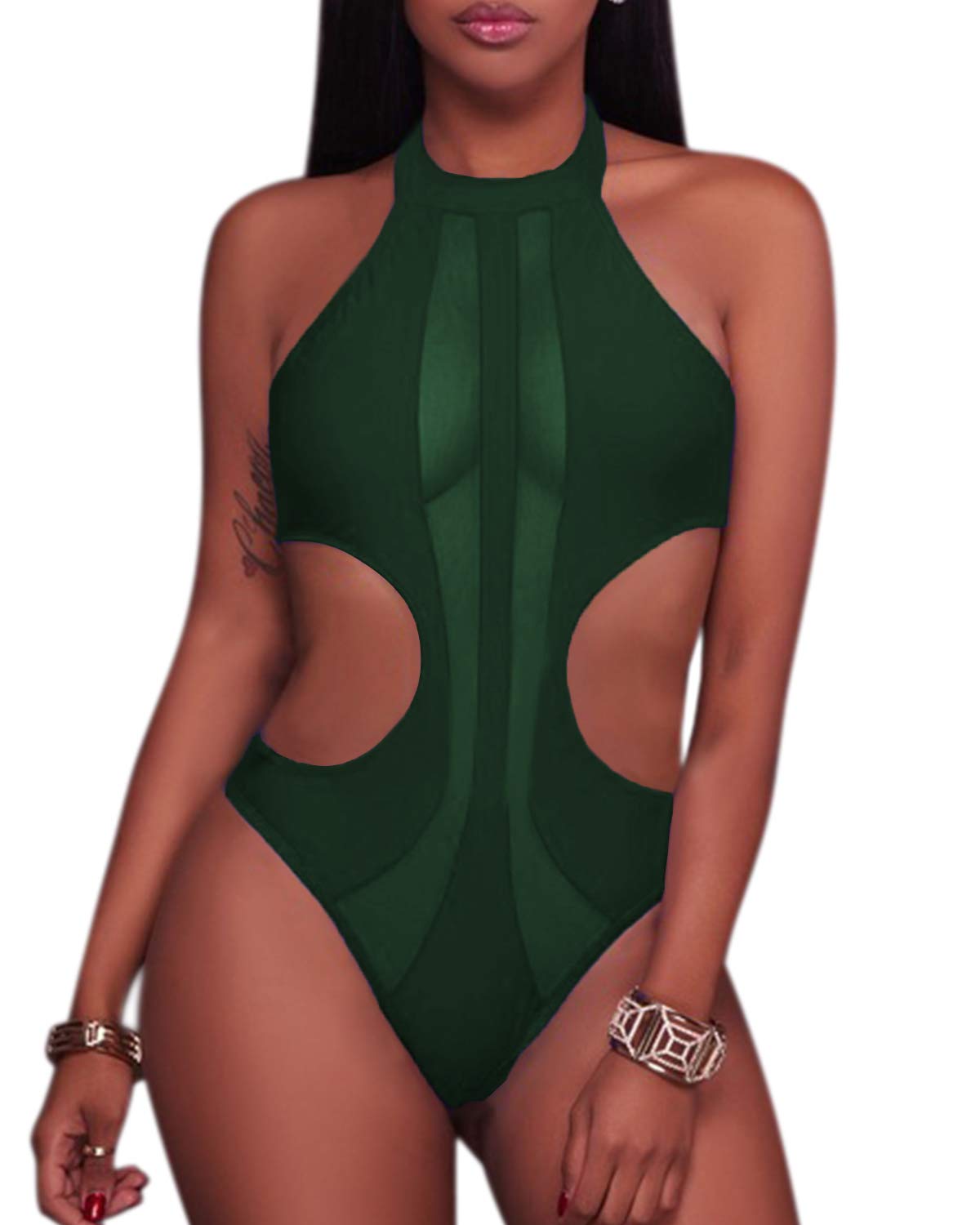Women Sexy Halter High Neck One Piece Swimsuit High Leg Cut Out Monokini Mesh Panel Swimwear Green M