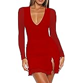 Mizoci Women's Sexy Long Sleeve Deep V Neck Mini Dress Ruched Ruffle Slit Bodycon Party Short Dresses