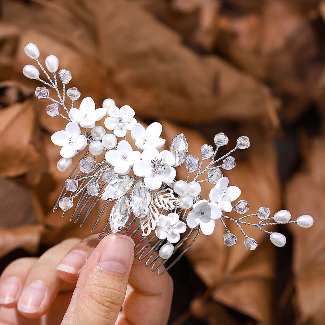 IYOU Bridal Wedding Princess Hair Combs Silver Flower Hair Piece Crystal Pearl Bride Headpiece Accessories for Girls and Women (Silver)
