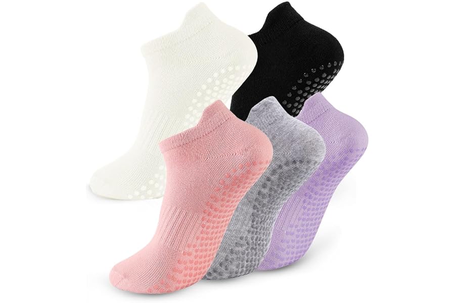 kepiibi 5 Pairs Pilates Socks with Grips for Women Non Slip Grip Yoga Crew Socks for Barre Hospital Barefoot