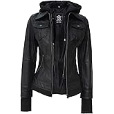 fjackets Hooded Leather Bomber Jacket Women - Real Lambskin Womens Leather Jacket with Removable Hood
