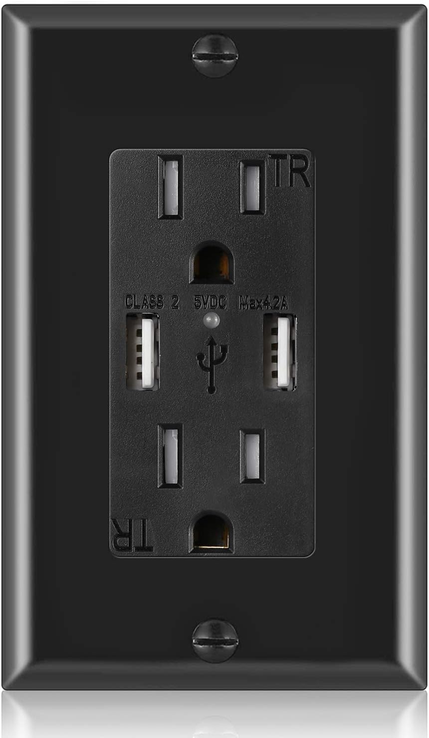 [2 Pack] USB Outlet, USB Charger Wall Outlet Dual High Speed 4.2 Amp USB Ports with Smart Chip, 15A/125V TR Tamper Resistant Receptacle Electrical Outlet, Wall Plate Included, ETL Listed, Black - - 
