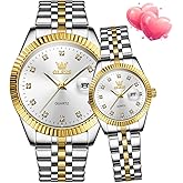OLEVS Valentines Couple Pair Quartz Watches Luminous Calendar Date Business Dress Luxury His and Hers Wristwatch Waterproof Casual Stainless Steel Lovers Wedding Romantic Watches