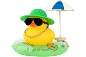 wonuu Rubber Duck Car Ornaments Duck Car Dashboard Decorations for Cute Car Accessories with Straw Hat Necklace Sun Umbrella and Sunglasses, Green