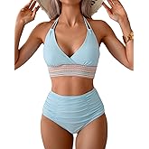 Limeeke Women's High Waisted Bikini Sets V Neck Tummy Control Swimsuits Color Block Two Piece Bathing Suit