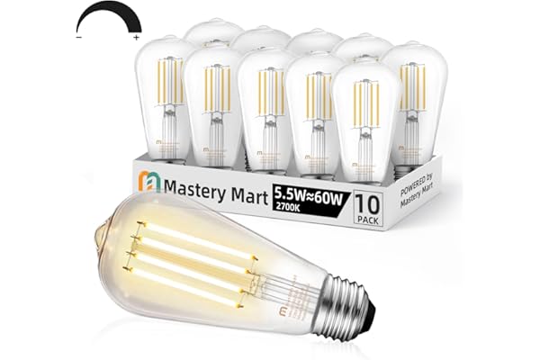 Mastery Mart Dimmable Vintage LED Edison Light Bulbs, 10 Pack E26 60W Equivalent Bulbs, 5.5W 2700K Soft White, 400LM 90+ CRI,
