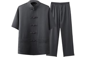 Cambkatl Men's Tang Suit Chinese Traditional Clothes Mandarin Collar Kung Fu Shirts Uniform Short Sleeve Tai Chi Outfit