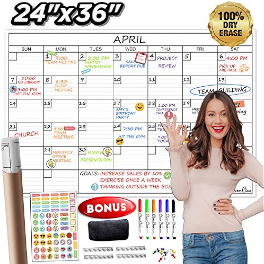 Large Reusable Dry Erase Wall Calendar 24"x36" Undated Monthly