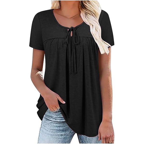 ANDUUNI Women's Summer Ruffle Top - Casual Swing Peplum Blouse, Short Sleeve Crew Neck, Black