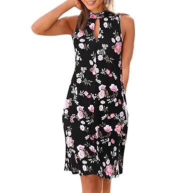 Qualitativ hochwertige und einzigartige Damenbekleidung, Damen Freizeitkleid Bohemian ärmelloses Print Kniekleid Partykleid W