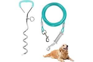 Dog Tie Out Cable and Stake, 30 ft Heavy Duty Cable with Spring and Hook for Yard, Garden, Outdoor Camping, 16 inch Heavy Dut