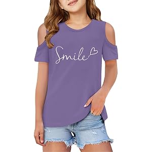Banmave Girls Short Sleeve Shirts Cold Shoulder Loose Fit Crew Neck Basic | Tee Tops Solid Color T Shirt For Summer Vacation
