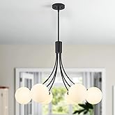 TMMAYSUN 31.5" Modern Black Sputnik Chandelier - 6-Light Adjustable Hanging Fixture with Milk White Glass Shades for Dining R