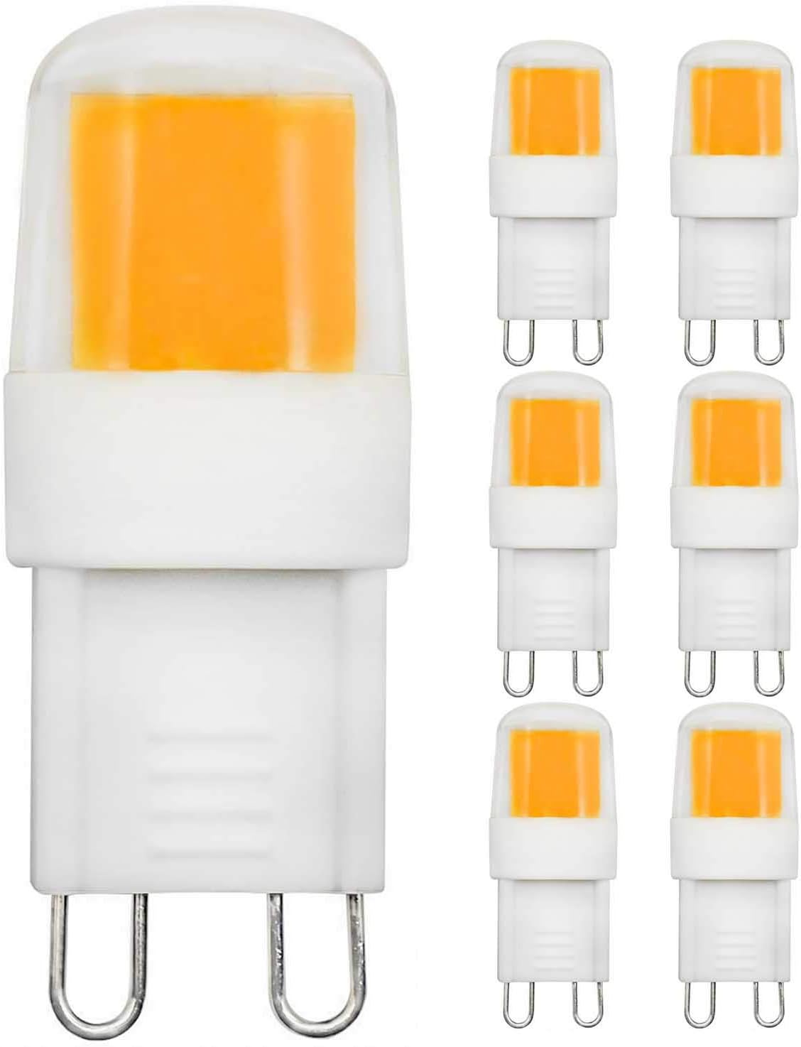 MJIUZHOU 6 Pack G9 LED Light Bulb Dimmable 2W Equivalent to 20W 15W 10W Halogen Warm White Mini 3000k 250Lm 220V 230V 360° Beam Angle Energy Saving JCD Bi Pin Base COB Lamp