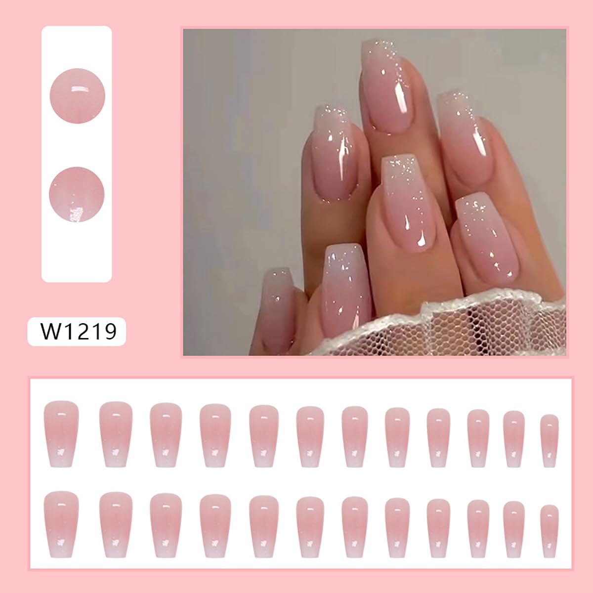 Medium Long Press on Nails Ombre Pink Fake Nails Glossy Glitter Full Cover Glue on Nails Bling Designs Natural Nude False Nails Reusable Artificial Acrylic False Nails for Women Manicure Salon Kit - Image 2