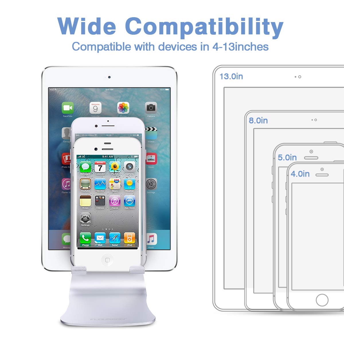 FLOUREON Phone Stand Aluminum Tablet Stand Desktop Stand Holder 270°Multi-Angle Stand/Holder/Dock Replacement Stand for iPad mini iPad Pro Samsung S8/S8 Plus/Note 8 Tablets and Smart Phones Black