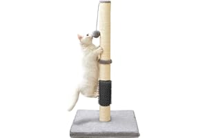 MeowHomm 32" Cat Scratching Post with Self Groomer Cat Brush, Sisal Rope Tall Cat Scratching Post with Soft Hanging Ball for Indoor Cats, Cat Claw Scratcher Covered with Soft Smooth Plush