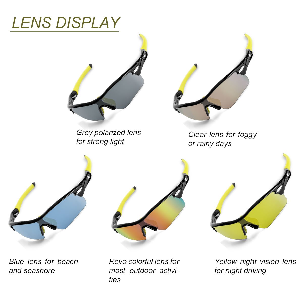 WONGKUO Polarized Outdoor Sports Glasses Men Women Cycling Sunglasses With 5 Interchangeable Lenses 100%UV Protection Fits for Fishing Running Golf Baseball Cycling Driving And All Outdoor Activities