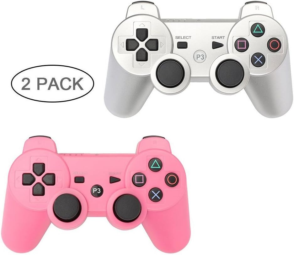 PS3 Controller 2 Pack Wireless Bluetooth 6-Axis Gamepad Controllers for PlayStation 3 Dualshock 3 (Silver+Pink)