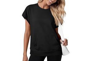 Crewneck Spring Summer Sweatshirts for Women Trendy Plain Short Sleeve Pullover Tops with Pockets Fashion Clothes