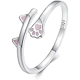 Bellitia Jewelry Adjustable Cat Ring Paw Print Open Rings Drip Painting Jewellery for Women, 925 Sterling Silver Pink Animal Motif Ring for Anniversary, Birthday, Valentine’s Day
