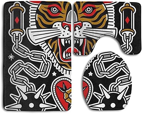 Tattoo Print Tiger Oblong Bathroom Rugs Set Without Deformation Toilet Mat Set Antibacterial Lid Toilet Cover And Bath Mat