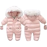 BYFRI Baby Boys Girls Snowsuit with Gloves Toddler Winter Hooded Footie Infant Warm Jumpsuit Outerwer Thick Newborn Coat