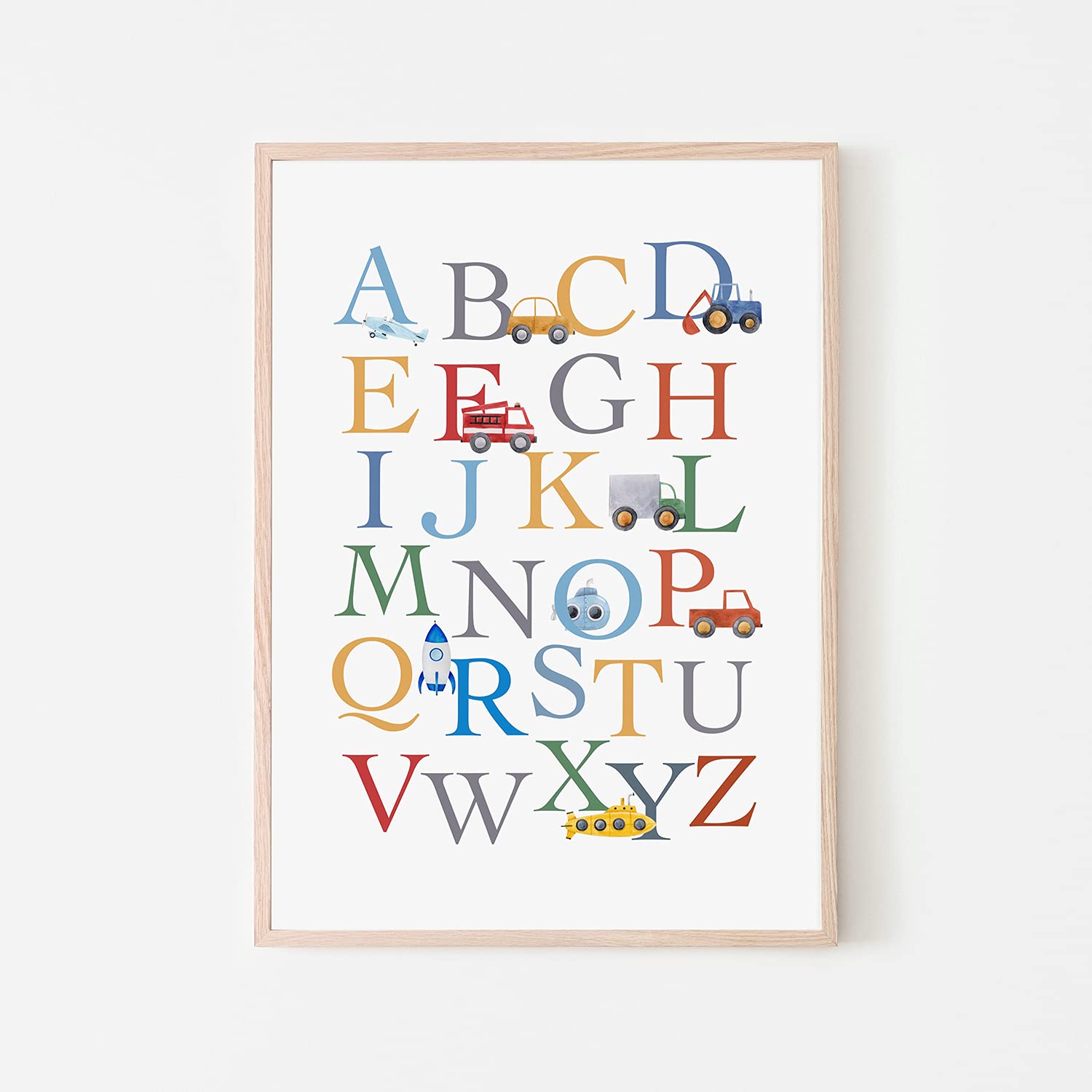 Pompom Prints® Watercolour Cars Children's Nursery Bedroom Wall Art Picture Print Alphabet Learning Poster for Baby Boy. [Picture Frames NOT Included] (A4)