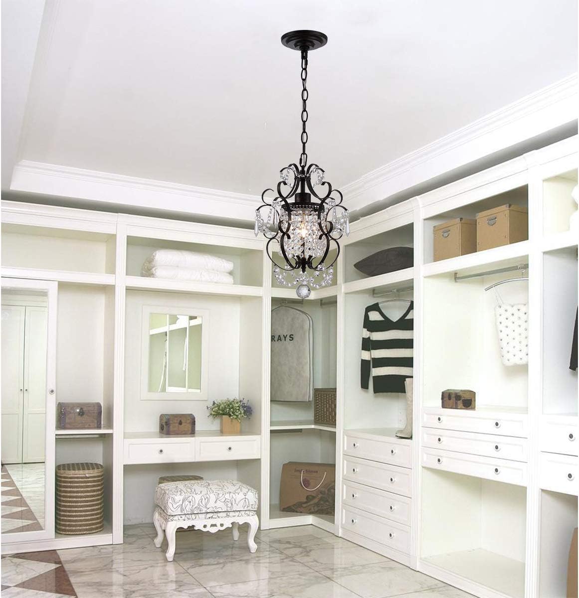 Riomasee Mini Chandelier Antique Bronze Chandeliers 1 Light Elegant Chandelier Crystal Iron Ceiling Light Fixture for Bedroom, Girls Room, Bathroom - - 