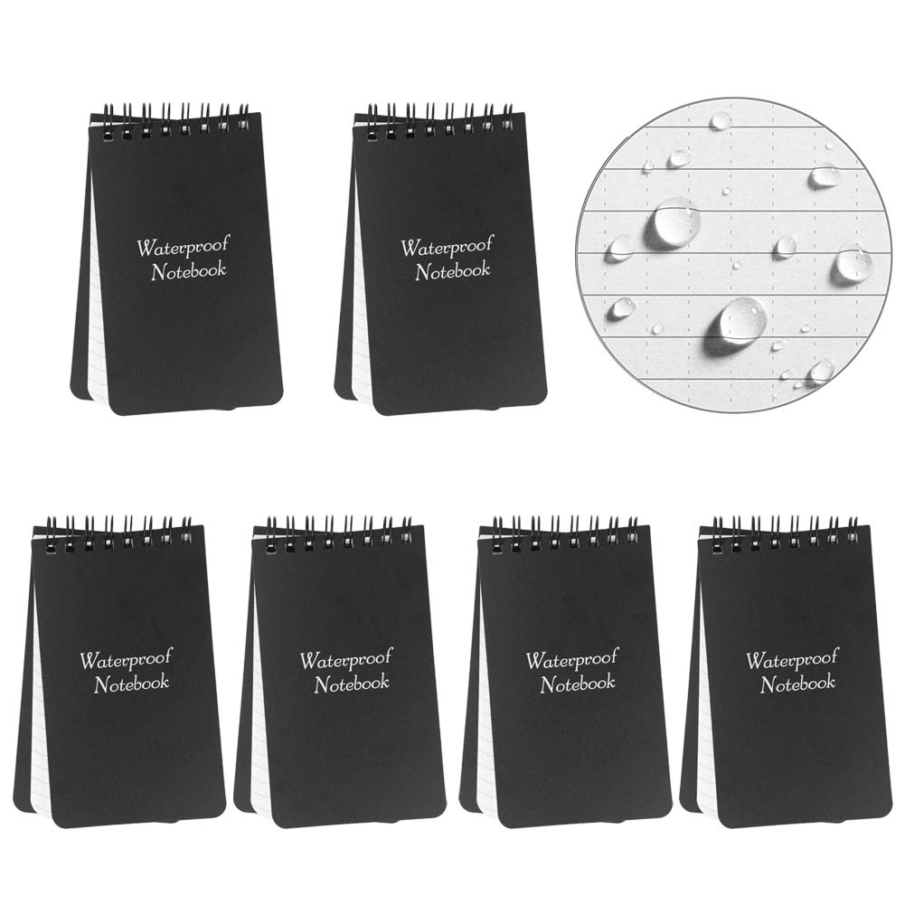 Geluode 6 Pack Mini Spiral Notebooks, A7 Waterproof Notebook, Top-Opening, Black Cover Pocket Notepad for Outdoor Activities Recording and Tactical Pocket, 3" x 5", 50 sheets