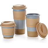 Nucookery Ceramic Travel Coffee Mug Set, Coffee Tumbler with Silicone Lid and Non-Slip Sleeve, Unique To Go Mug, Gifts for Women & Men, Microwave Safe Cappuccino, Tea, Latte, Iced-Coffee Cups, Blue