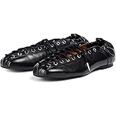 Agodor Lace-Up Ballet Flats Leather Ballerina Flat for Women Slip on Square Round Closed Toe Comfort Business Casual Daily Mary Jane Dress Shoes