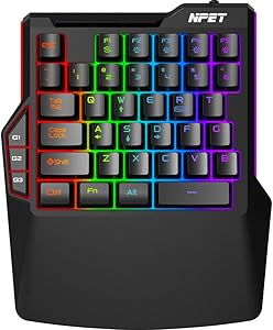 NPET T20 One-Handed Gaming Keyboard, RGB Backlit, Macro Keys, 38 Programmable Keys, Wrist Rest Support, Professional Ergonomic Rainbow Mechanical Feel Gaming Keypad for Desktop, Computer, PC