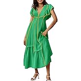 Wenrine Womens Summer V Neck Midi Dress Casual Ruffle Sleeve Contrast Color Loose Fit Flowy Long Dresses Green