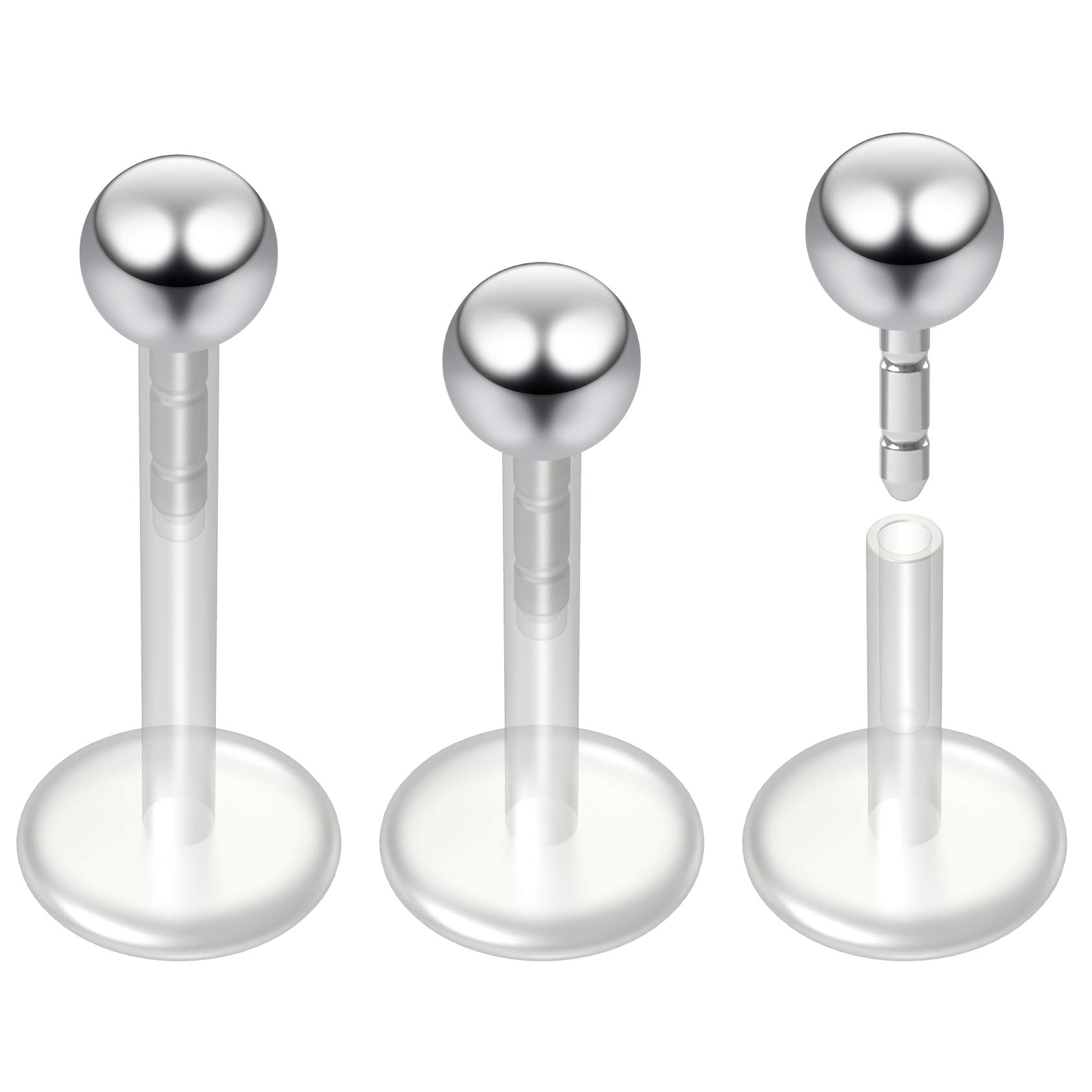 3pc Bioplast Labret Bar Monroe Lip Ring Bioflex Earring Stud Piercing Jewellery 3mm Ball 6mm 8mm 10mm Bar