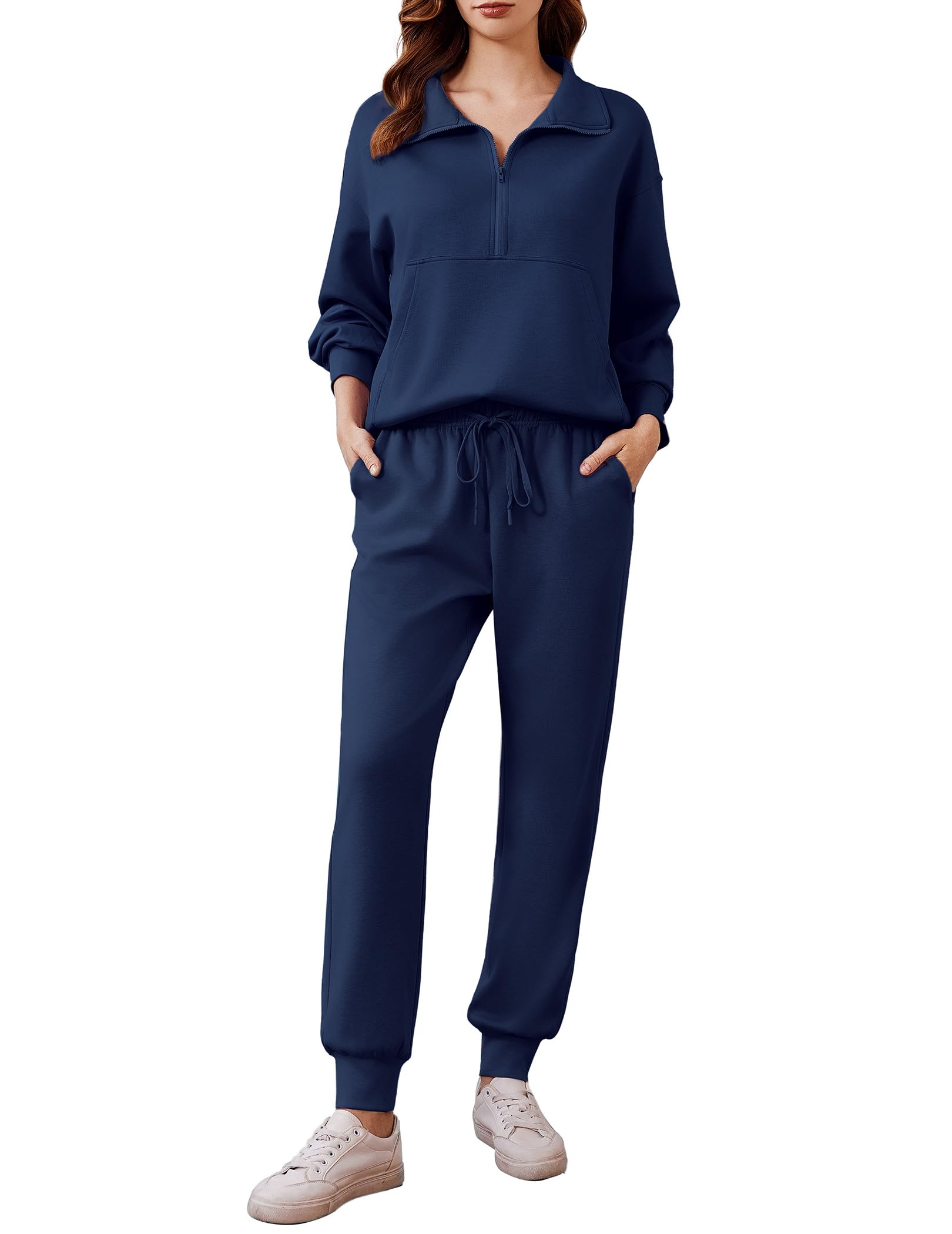PINSPARK 2 Piece Sets for Women 2025 Long Sleeve Lounge Sets Tracksuit Half Zip Sweatsuits Jogger Sets Fall Travel Outfits,Navy Blue Tall X-Large Image