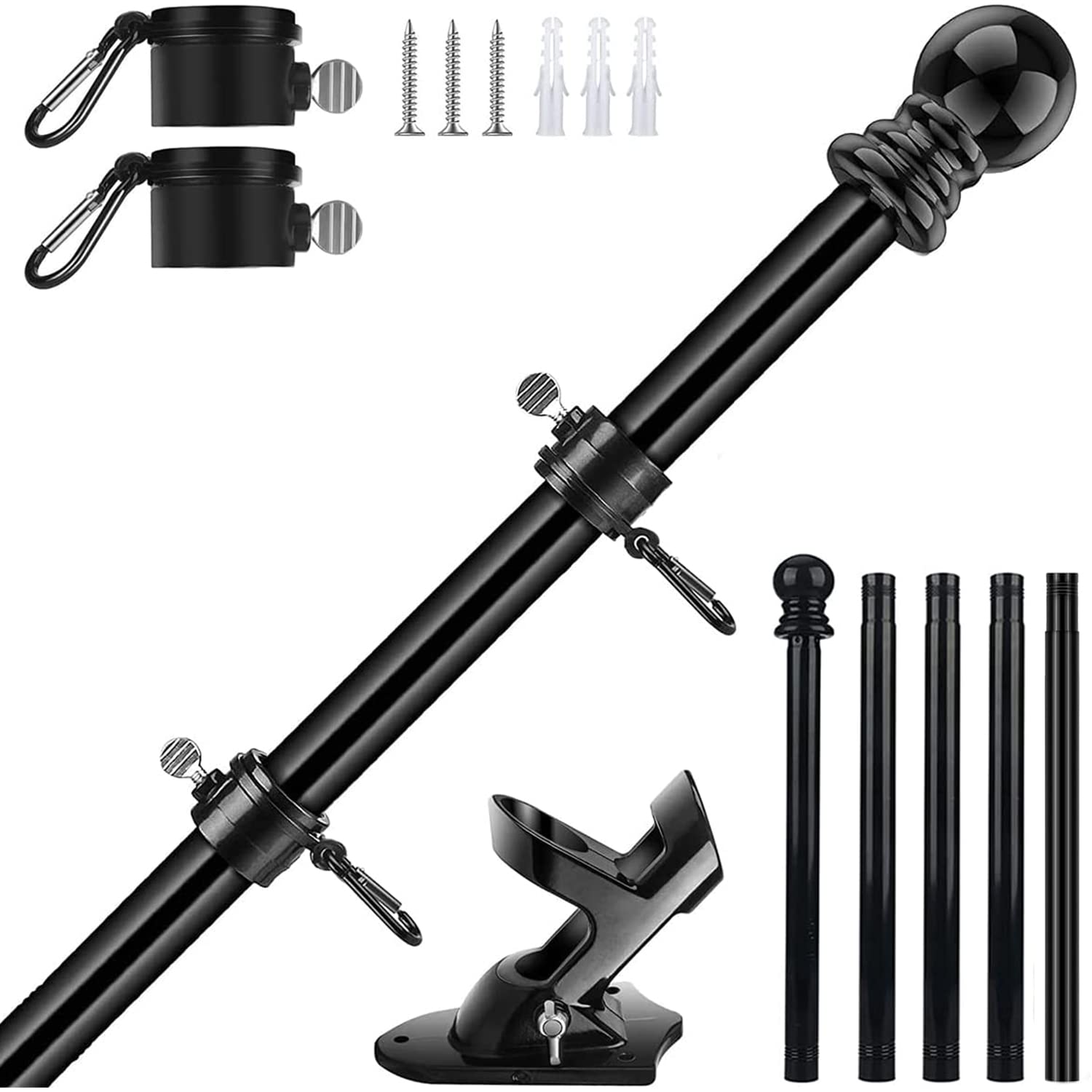 Verdenu 6 FT Wall Mounted Flag Pole, Adjustable Stainless Steel Flag Pole Kit with Holder, 360° Tangle Free Wall Mounted Flagpole for Outside House Garden Commercial (Black)