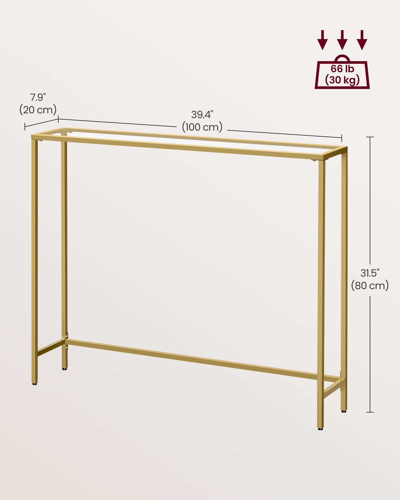 VASAGLE Entryway Table, Console Table, Tempered Glass Tabletop, Modern Sofa Table, Easy Assembly, with Adjustable Feet, for Living Room, Entryway, Pale Gold and Transparent ULGT132A01