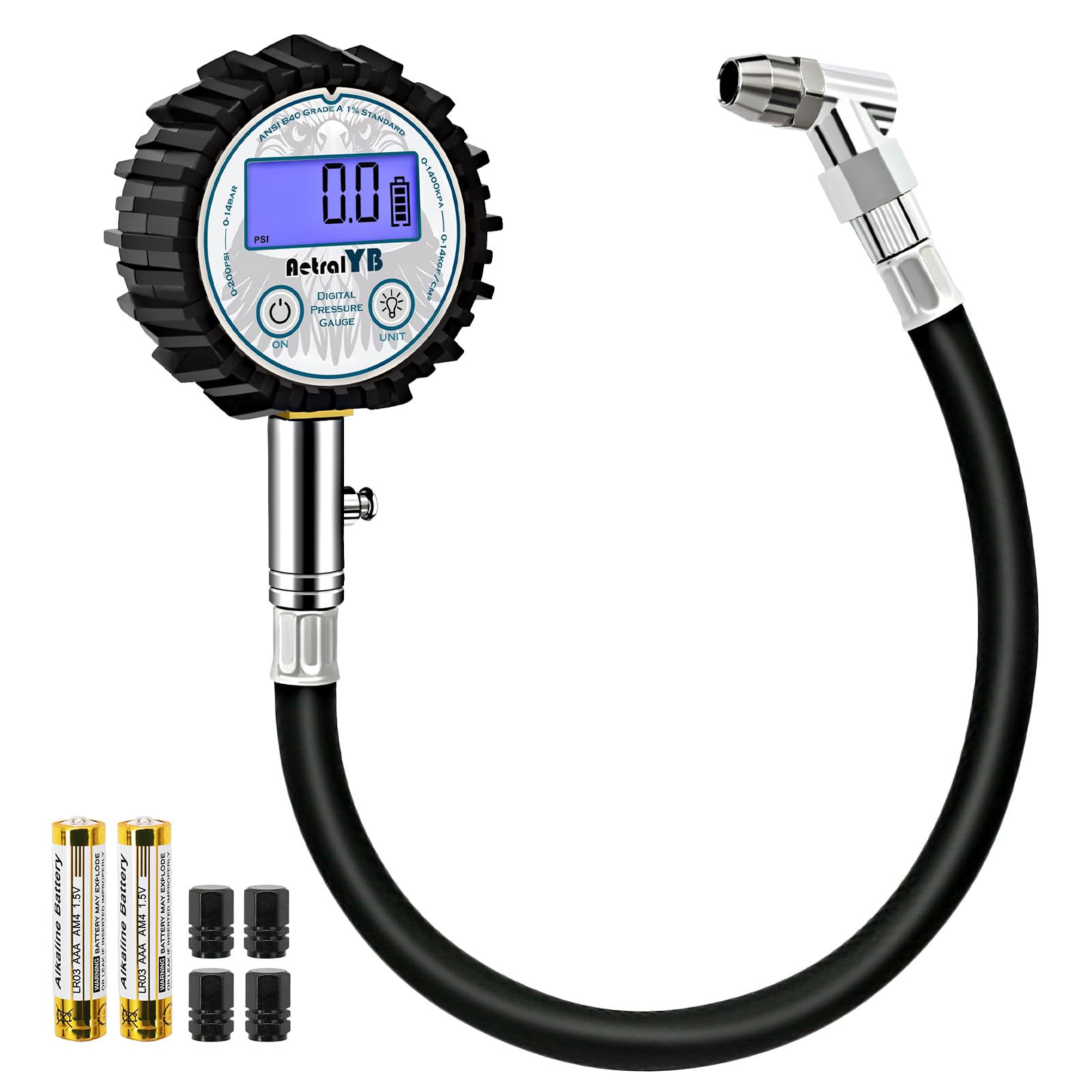 Photo 1 of AetralYB Digital Tire Pressure Gauge with 200 PSI - Heavy Duty Air Chuck, Reinforced Rubber Hose, Professional Accuracy, and LED Backlight