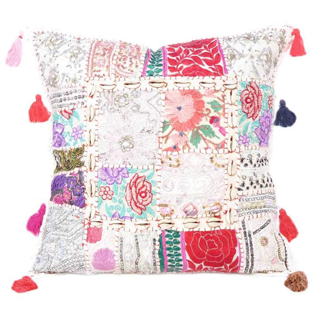 Eyes of India Decorative Patchwork Boho Throw Pillow Cover, Colorful Cushion Case for Sofa Couch, Bohemian Handmade Accent Bedroom Living Room, 16x16 inch (40x40 cm), White — image 1