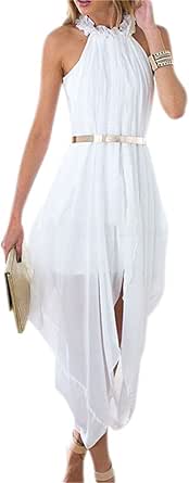 Women's Sheer Chiffon Folds Hi Low Loose Dress Delicate Gold Belt