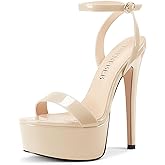 TNYNFBEB Womens Stiletto High Platform Heel Open Toe Sandals Ankle Strap Buckle Prom Wedding Dress Cute Patent Leather Summer 6.1 Inches Heels